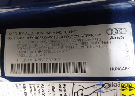 2013 Audi Tts 2.0T Premium Plus из США, поврежденный, VIN TRUK1AFK8D1001374